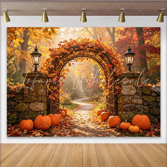 Lofaris Autumn Pumpkin Archway Backdrop with Orange Leaves and Lanterns Fall Holiday Photography Background for Party Decor