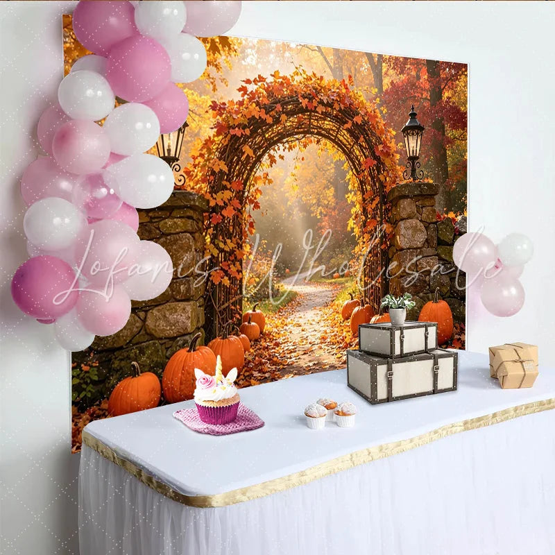 Lofaris Autumn Pumpkin Archway Backdrop with Orange Leaves and Lanterns Fall Holiday Photography Background for Party Decor