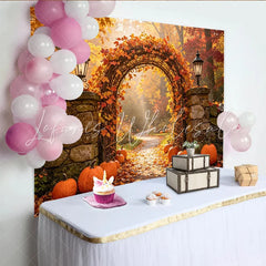Lofaris Autumn Pumpkin Archway Backdrop with Orange Leaves and Lanterns Fall Holiday Photography Background for Party Decor