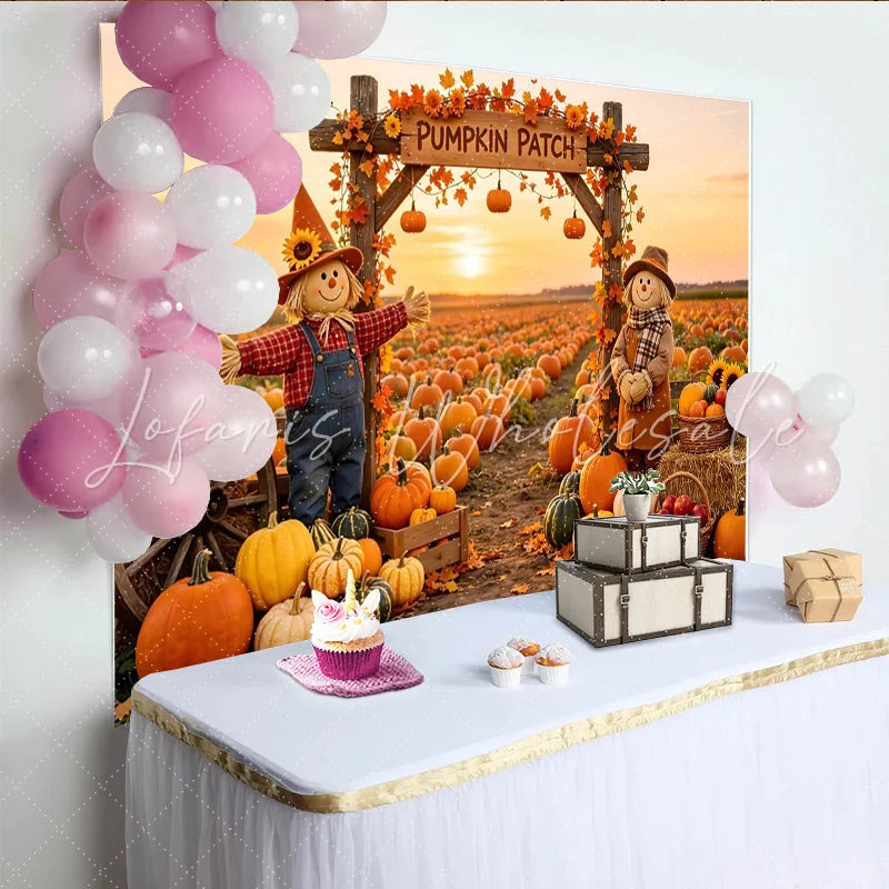 Lofaris Autumn Pumpkin Patch Backdrop with Scarecrows and Sunset Fall Harvest Photography Background for Party Decor