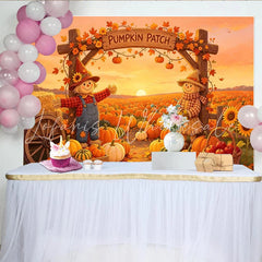 Lofaris Autumn Pumpkin Patch Holiday Backdrop with Scarecrows and Fall Leaves Sunset Farm Background for Thanksgiving Party Decor