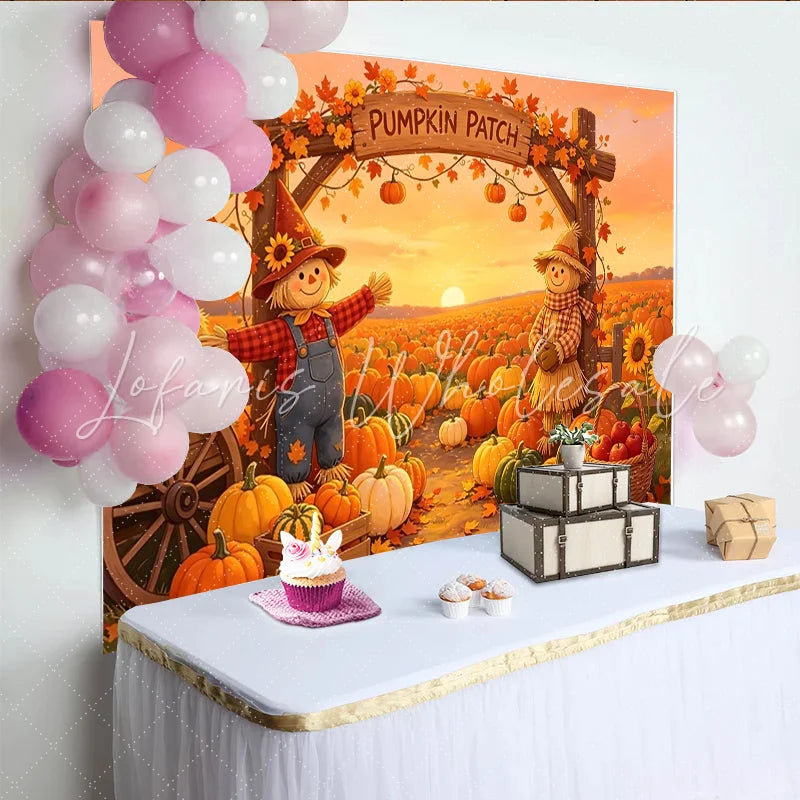 Lofaris Autumn Pumpkin Patch Holiday Backdrop with Scarecrows and Fall Leaves Sunset Farm Background for Thanksgiving Party Decor