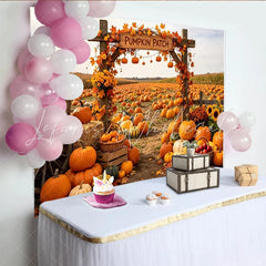 Lofaris Autumn Pumpkin Patch Holiday Backdrop with Wooden Arch Fall Leaves Vibrant Harvest Festival Photography Background for Seasonal