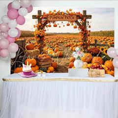 Lofaris Autumn Pumpkin Patch Holiday Backdrop with Wooden Arch Fall Leaves Vibrant Harvest Festival Photography Background for Seasonal