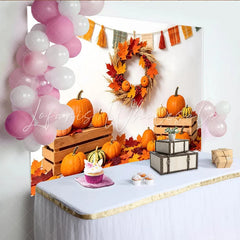 Lofaris Autumn Pumpkin Photography Backdrop for Thanksgiving Colorful Maple Leaves and Fall Wreath Harvest Decor