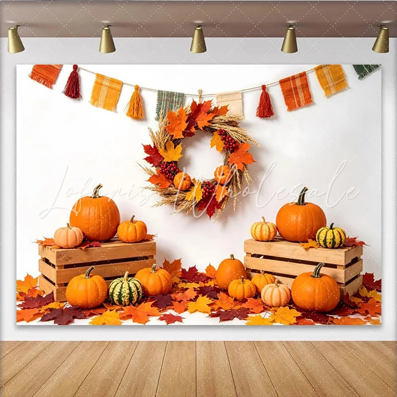 Lofaris Autumn Pumpkin Photography Backdrop for Thanksgiving Colorful Maple Leaves and Fall Wreath Harvest Decor