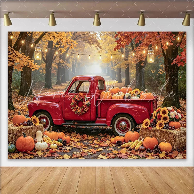 Lofaris Autumn Red Truck and Pumpkin Photography Backdrop Rustic Fall Forest Background with Sunflowers and Hay Bales