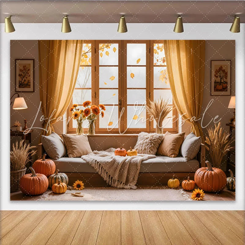 Lofaris Autumn Room Photography Backdrop with Pumpkins and Wheat Rustic Fall Harvest Interior Background for Studio Photoshoot