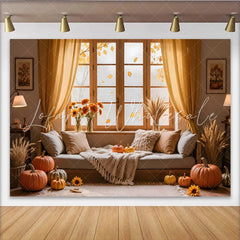Lofaris Autumn Room Photography Backdrop with Pumpkins and Wheat Rustic Fall Harvest Interior Background for Studio Photoshoot