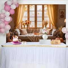 Lofaris Autumn Room Photography Backdrop with Pumpkins and Wheat Rustic Fall Harvest Interior Background for Studio Photoshoot