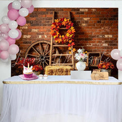 Lofaris Autumn Rustic Photography Backdrop with Brick Wall and Fall Leaves Vintage Farmhouse Studio Background for Seasonal Photoshoot