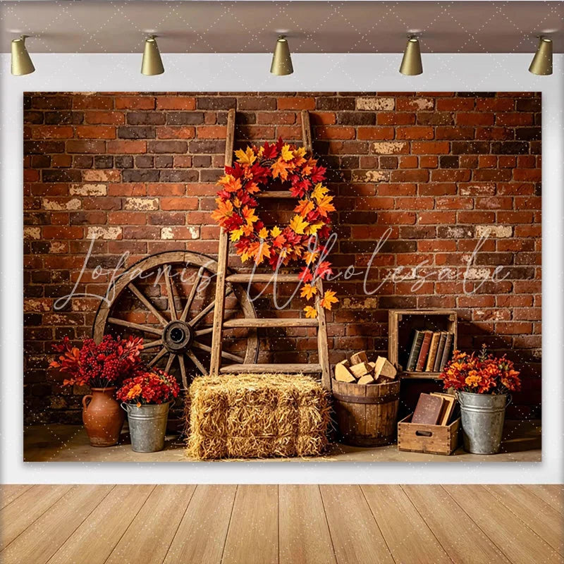 Lofaris Autumn Rustic Photography Backdrop with Brick Wall and Fall Leaves Vintage Farmhouse Studio Background for Seasonal Photoshoot