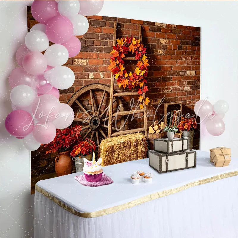 Lofaris Autumn Rustic Photography Backdrop with Brick Wall and Fall Leaves Vintage Farmhouse Studio Background for Seasonal Photoshoot