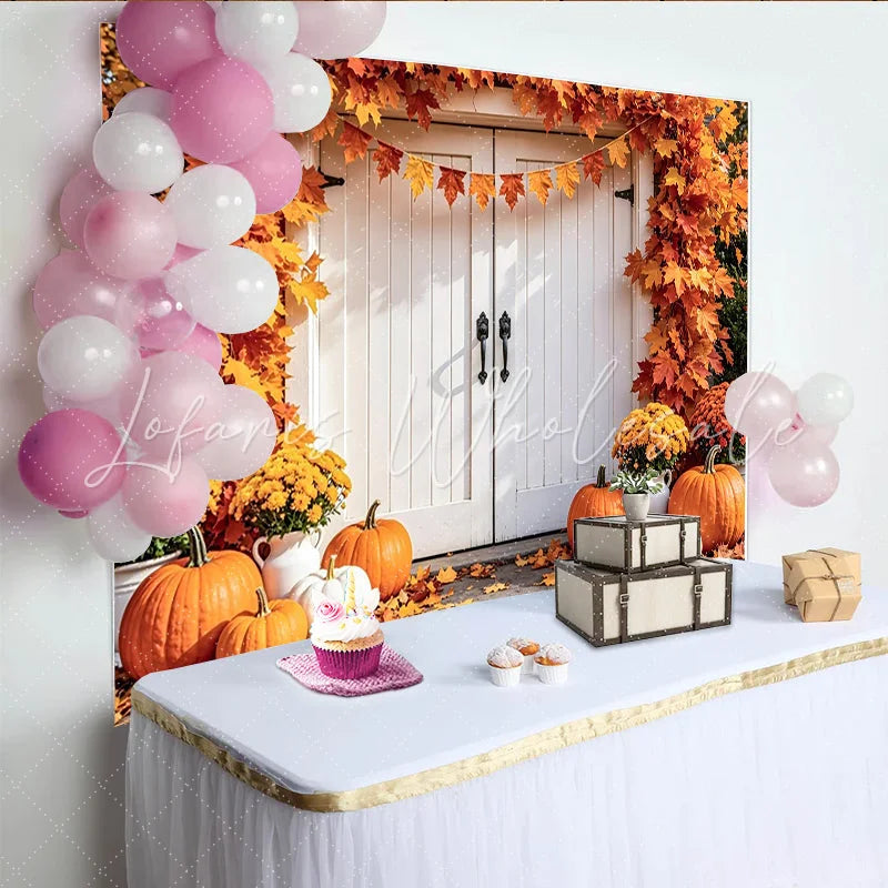 Lofaris Autumn Thanksgiving Backdrop with Orange Maple Leaves and Pumpkins Cozy Fall Harvest Photography Background Decor