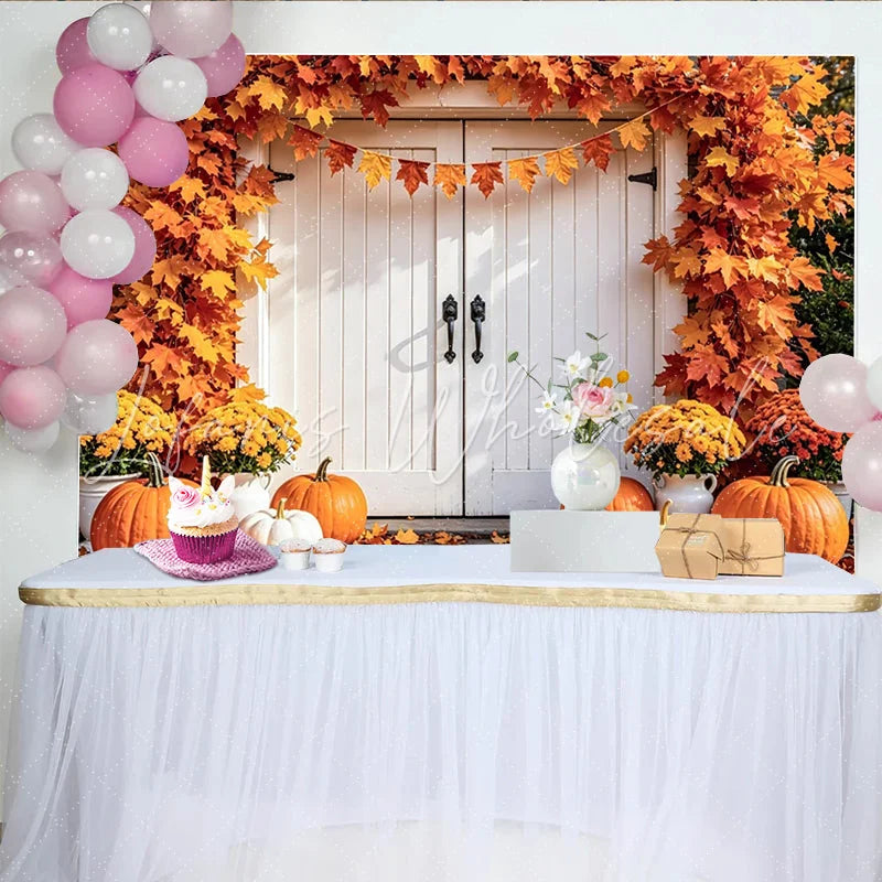 Lofaris Autumn Thanksgiving Backdrop with Orange Maple Leaves and Pumpkins Cozy Fall Harvest Photography Background Decor