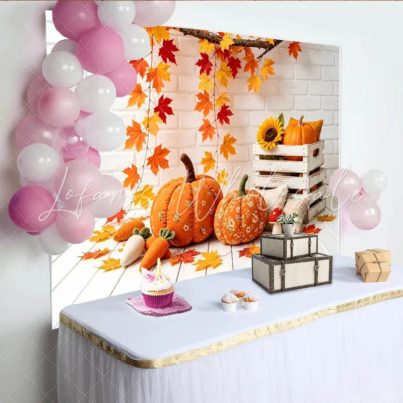 Lofaris Autumn Thanksgiving Backdrop with Pumpkins and Maple Leaves White Brick Wall Background for Fall Harvest Party Decor