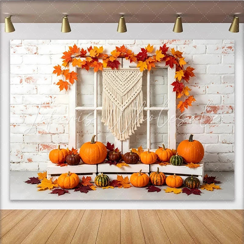 Lofaris Autumn Thanksgiving Backdrop with White Brick Wall and Pumpkins Fall Harvest Photography Background for Seasonal Decor