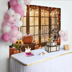 Lofaris Autumn Window Photography Backdrop with Pumpkins and Sunflowers Rustic Fall Harvest Scene for Studio Photoshoot Decor
