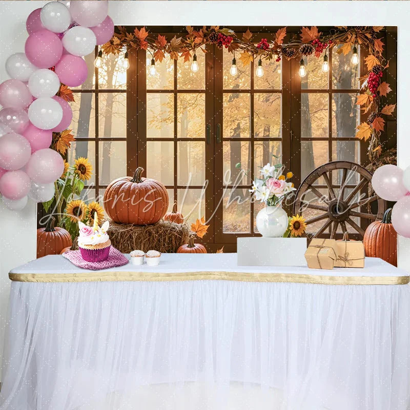 Lofaris Autumn Window Photography Backdrop with Pumpkins and Sunflowers Rustic Fall Harvest Scene for Studio Photoshoot Decor