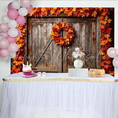 Lofaris Autumn Wooden Barn Photography Backdrop with Maple Leaves Rustic Fall Foliage Studio Background for Photoshoot