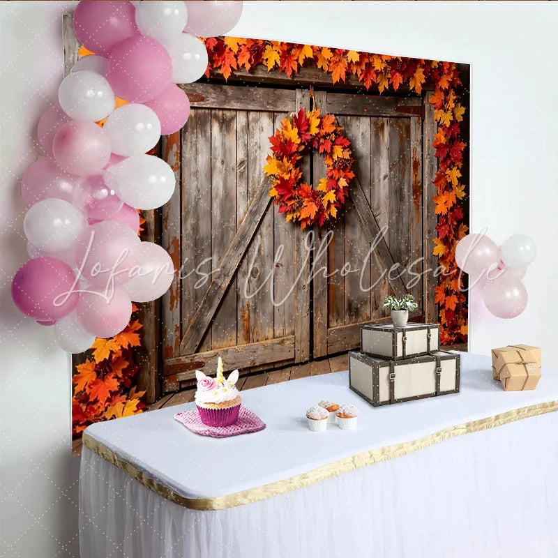 Lofaris Autumn Wooden Barn Photography Backdrop with Maple Leaves Rustic Fall Foliage Studio Background for Photoshoot