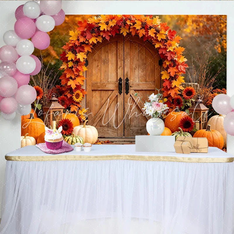 Lofaris Autumn Wooden Door Holiday Backdrop with Vibrant Fall Leaves Harvest Festival Photography Background for Thanksgiving Party