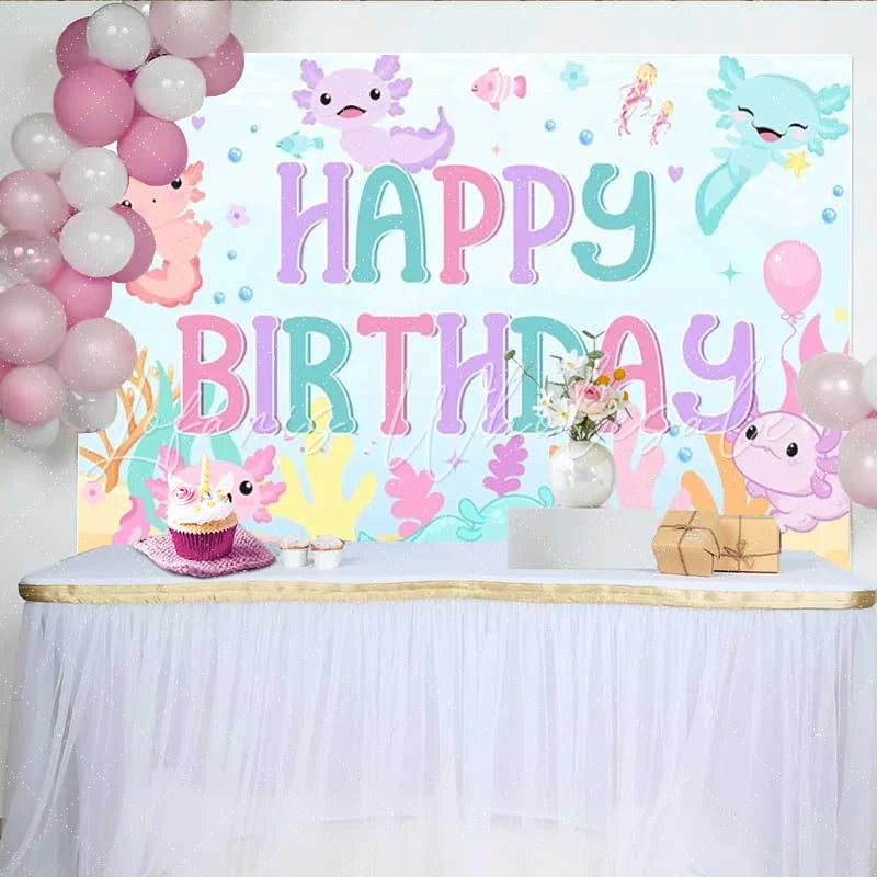 Lofaris Axolotl Happy Birthday Backdrop Cute Pink Blue Salamander Under the Sea Photography Background Girls Birthday Party Prop