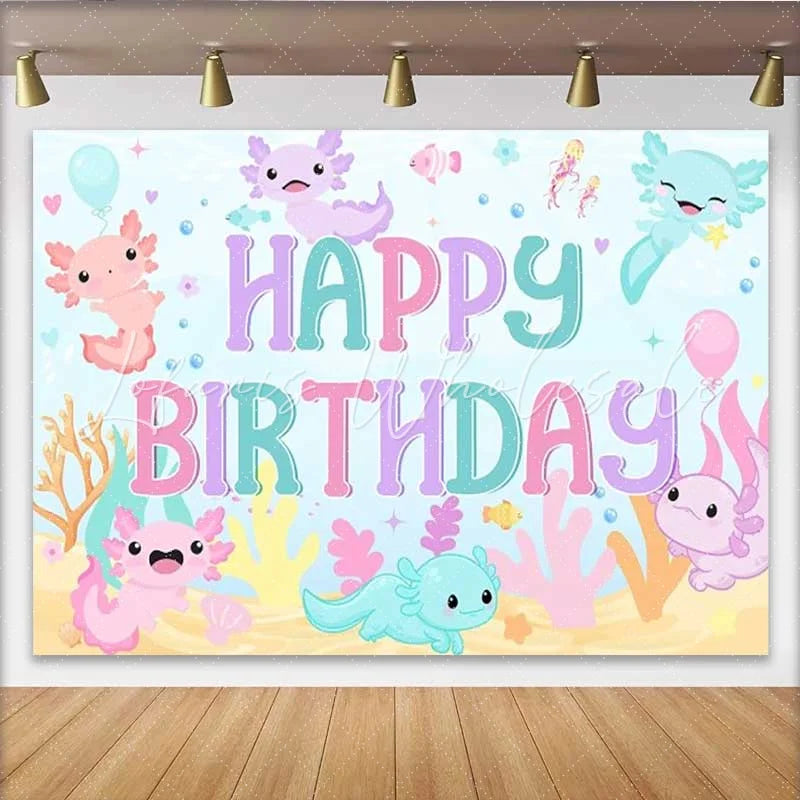 Lofaris Axolotl Happy Birthday Backdrop Cute Pink Blue Salamander Under the Sea Photography Background Girls Birthday Party Prop
