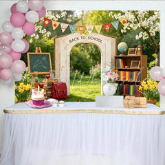 Lofaris Back to School Arch Backdrop with Books and Globe Vibrant Photography Background for Student Photos and Classroom Decor