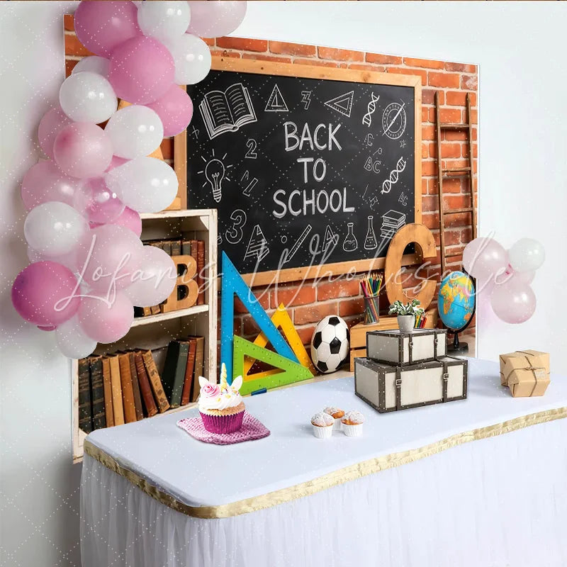 Lofaris Back To School Backdrop with Blackboard Books and Colorful School Supplies Brick Wall Photography Background for Classroom Decor