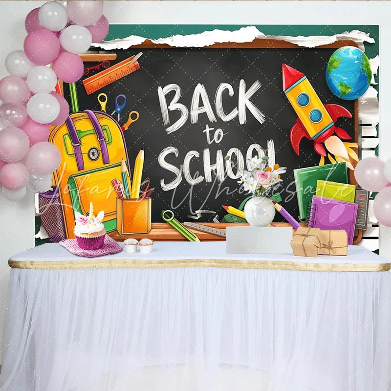 Lofaris Back To School Blackboard Backdrop with Backpack Pencils and Rocket Colorful Classroom Background for Kids Party Decoration