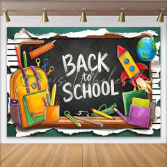 Lofaris Back To School Blackboard Backdrop with Backpack Pencils and Rocket Colorful Classroom Background for Kids Party Decoration