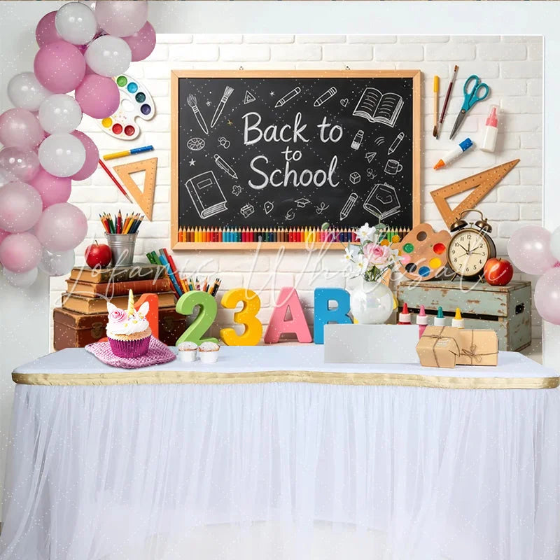 Lofaris Back to School Blackboard Backdrop with Colorful Pencils and ABC Numbers White Brick Wall Background for Classroom Decor