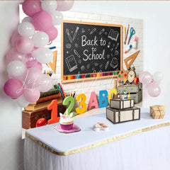 Lofaris Back to School Blackboard Backdrop with Colorful Pencils and ABC Numbers White Brick Wall Background for Classroom Decor