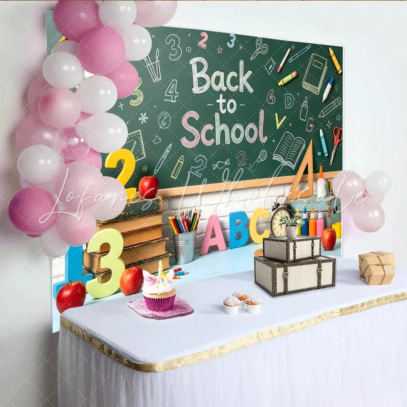 Lofaris Back to School Chalkboard Backdrop with Books and Apples Vibrant Educational Photo Background for Classroom and Studio