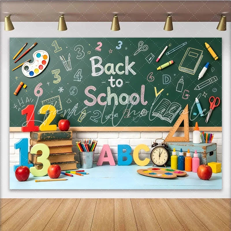 Lofaris Back to School Chalkboard Backdrop with Books and Apples Vibrant Educational Photo Background for Classroom and Studio