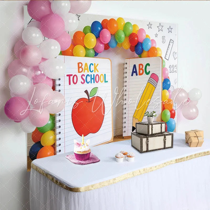 Lofaris Back to School Photography Backdrop with Apple and Pencil Colorful ABC Notebook Photo Booth Prop for Classroom Decor