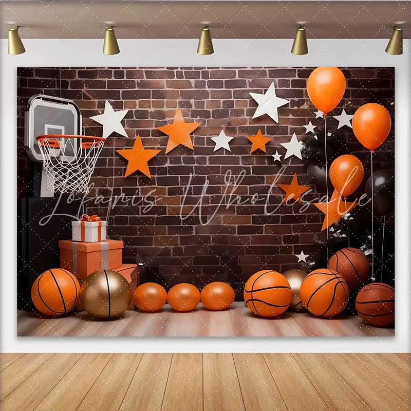 Lofaris Basketball Court Birthday Backdrop Urban Brick Wall with Sports Gear Party Banner