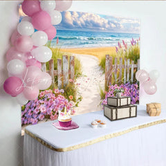 Lofaris Beach Path Photography Backdrop with Ocean Blue Sky and Wood Fence Floral Seaside Background for Summer Photos and Studio Decor