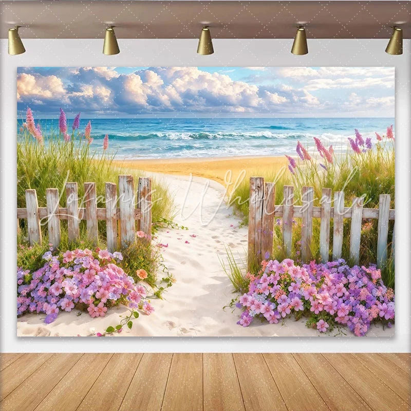 Lofaris Beach Path Photography Backdrop with Ocean Blue Sky and Wood Fence Floral Seaside Background for Summer Photos and Studio Decor