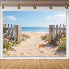 Lofaris Beach Pathway Photography Backdrop with Wooden Fence Summer Ocean View Background with Starfish for Studio Photoshoot