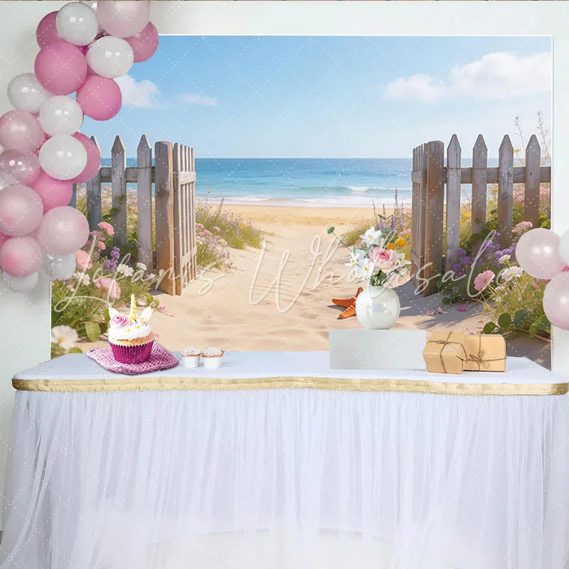 Lofaris Beach Pathway Photography Backdrop with Wooden Fence Summer Ocean View Background with Starfish for Studio Photoshoot