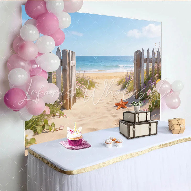 Lofaris Beach Pathway Photography Backdrop with Wooden Fence Summer Ocean View Background with Starfish for Studio Photoshoot