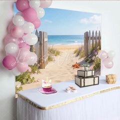 Lofaris Beach Pathway Photography Backdrop with Wooden Fence Summer Ocean View Background with Starfish for Studio Photoshoot