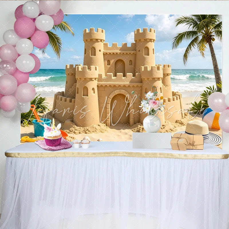 Lofaris Beach Sandcastle Photography Backdrop with Ocean and Palm Trees Summer Seaside Photo Background for Vacation or Studio Shoots