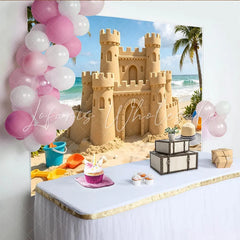 Lofaris Beach Sandcastle Photography Backdrop with Ocean and Palm Trees Summer Seaside Photo Background for Vacation or Studio Shoots