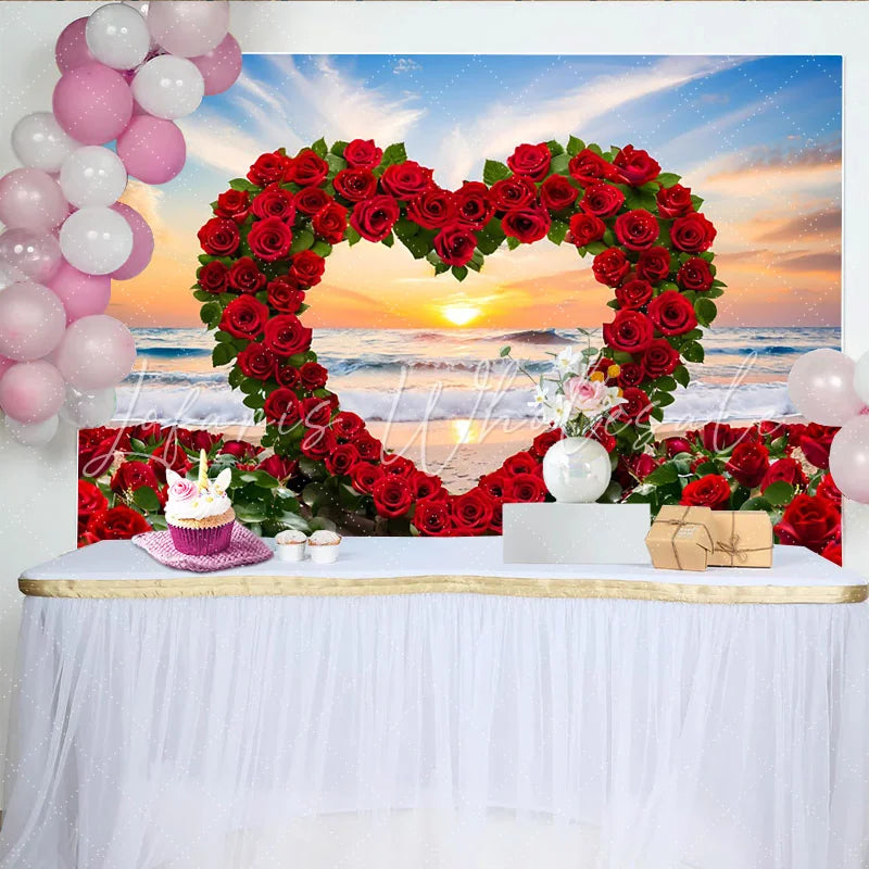 Lofaris Beach Sunset Wedding Backdrop Red Rose Heart Arch and Ocean Waves for Romantic Party