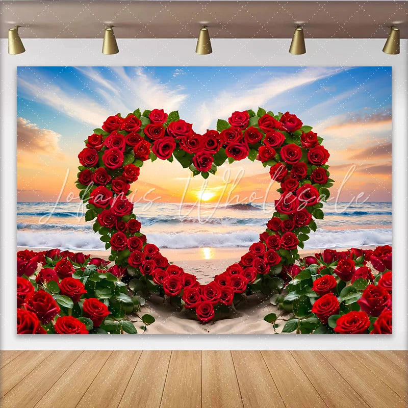 Lofaris Beach Sunset Wedding Backdrop Red Rose Heart Arch and Ocean Waves for Romantic Party