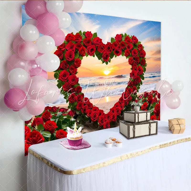 Lofaris Beach Sunset Wedding Backdrop Red Rose Heart Arch and Ocean Waves for Romantic Party