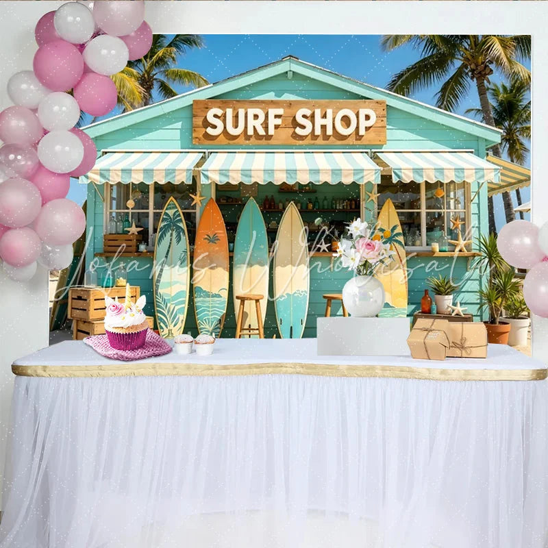 Lofaris Beach Surf Shop Photography Backdrop with Palm Trees and Surfboards Tropical Summer Background for Photo Booth Props